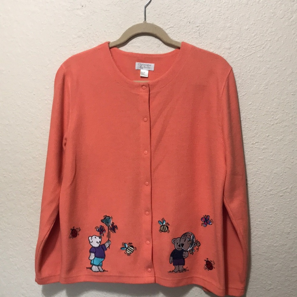 Christopher & Banks Orange Cardigan with Cartoon Embroidery. Very Good. Size M.